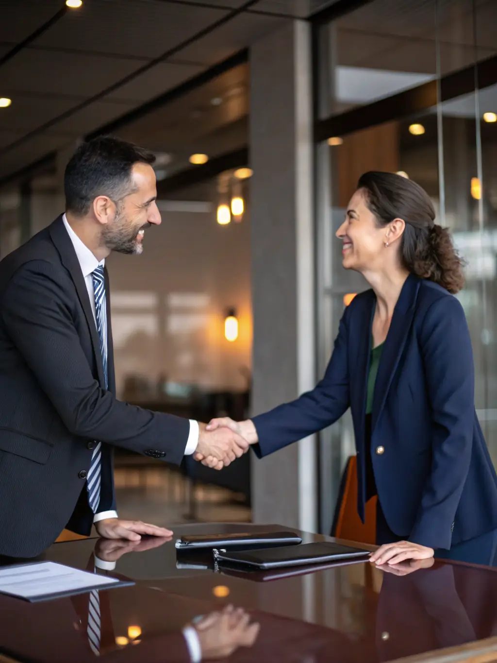 A professional businessman in a suit confidently shaking hands with a businesswoman in a modern office setting, symbolizing a successful loan agreement.