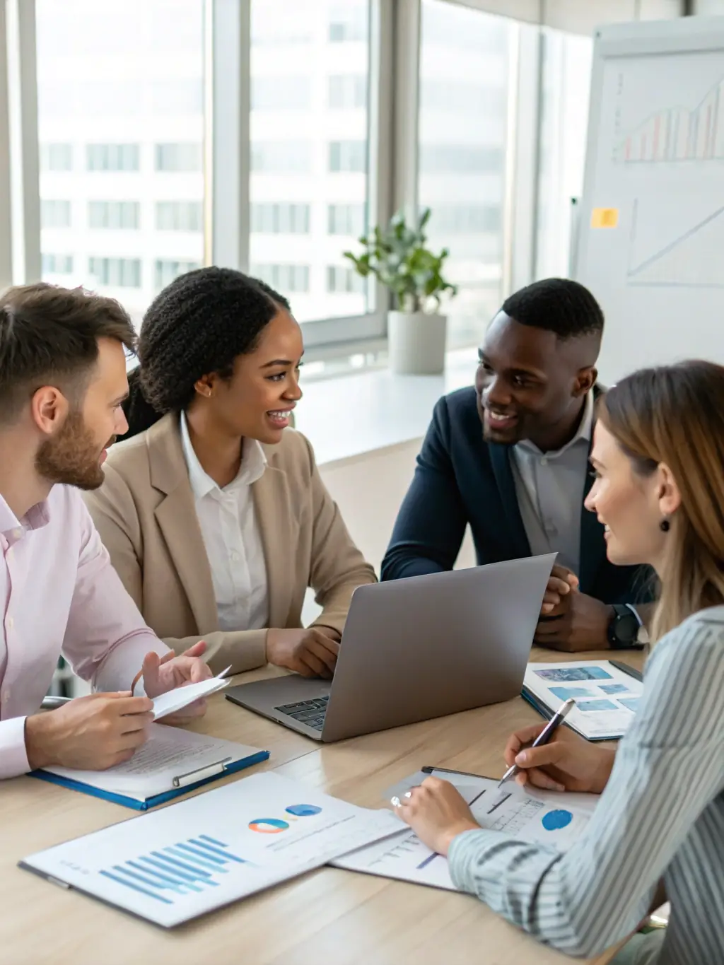 A diverse team of business professionals collaborating around a table, reviewing financial reports and discussing long-term strategies.