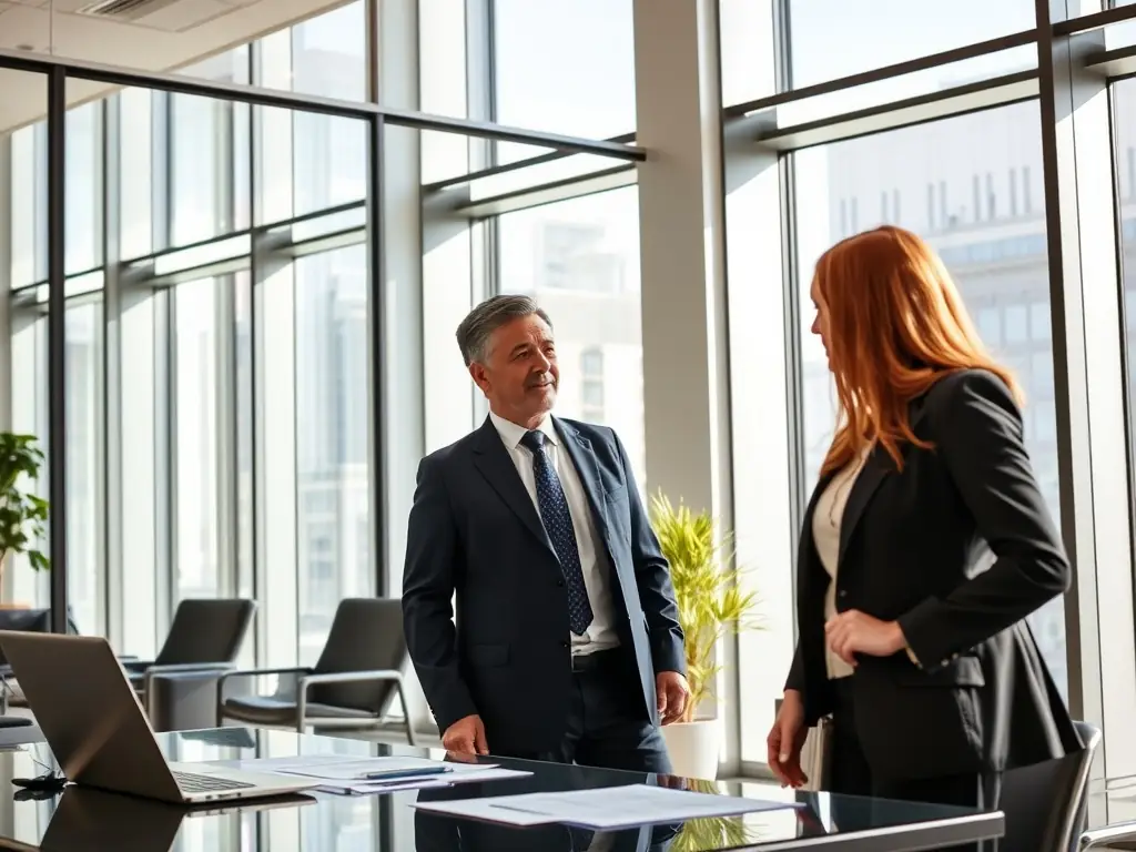 A professional business consultant is explaining the benefits of a short-term bridge loan to a client in a modern office setting. The consultant is pointing to a financial chart on a tablet, illustrating how the loan can help bridge cash flow gaps.